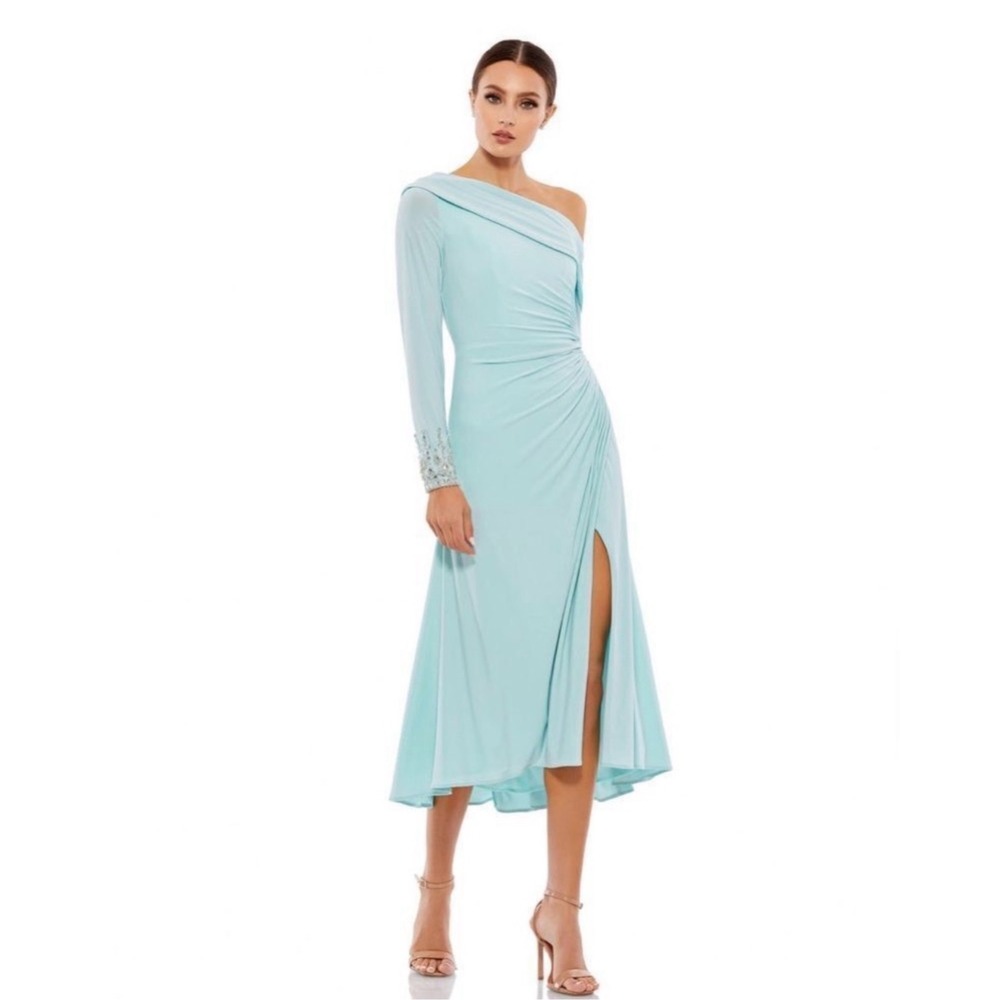 NWT leena for MAC DUGGAL 264851
Powder Blue Jeweled One-Shoulder Midi Dress Sz 4